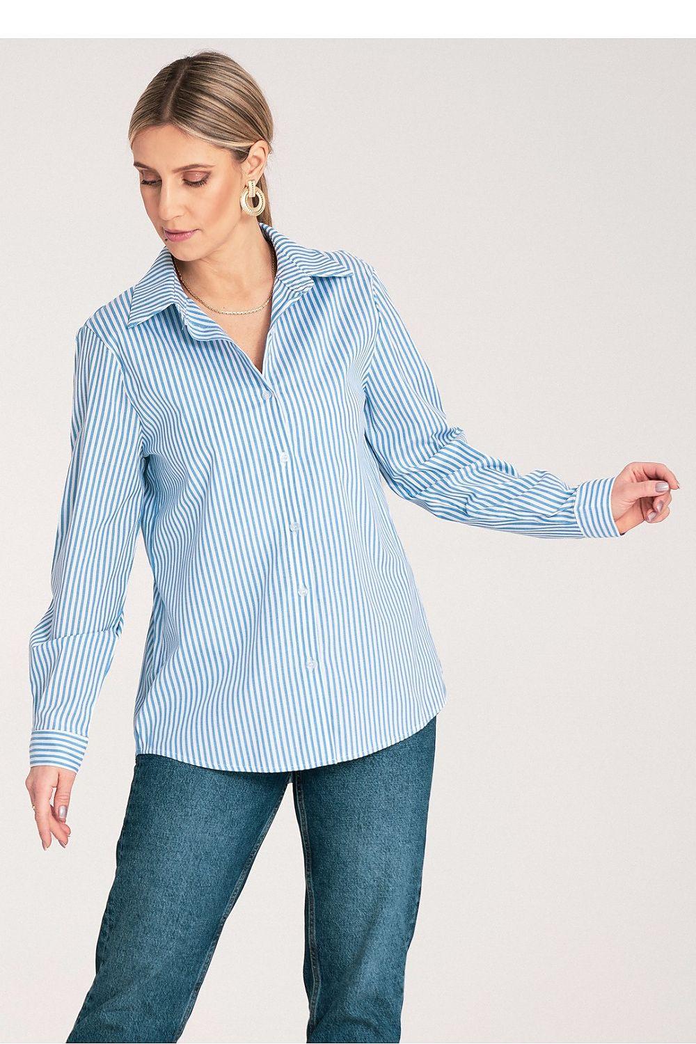 Long-sleeve collared striped button-up shirt in blue-and-white vertical stripes