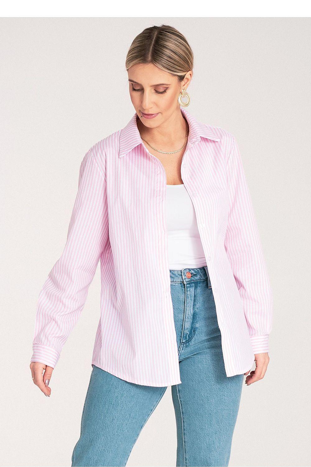 Pink striped long sleeve shirt with button-front and pointed collar, worn over white top