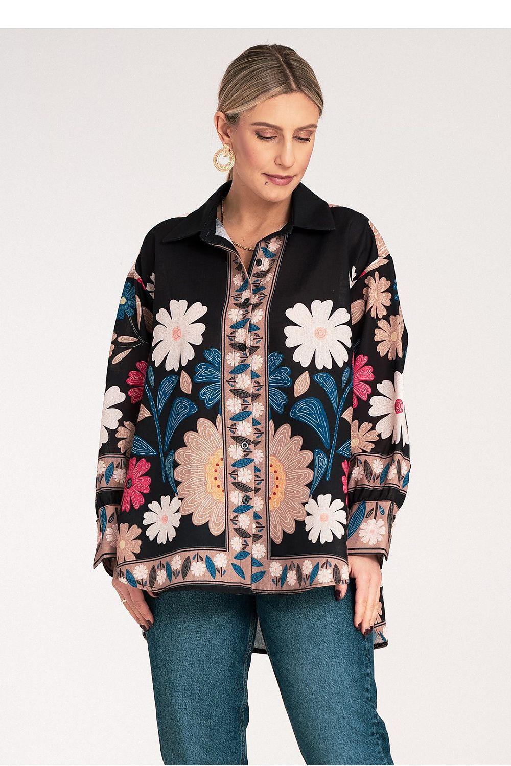 Long sleeve shirt with black floral print, collared zip front, straight hem