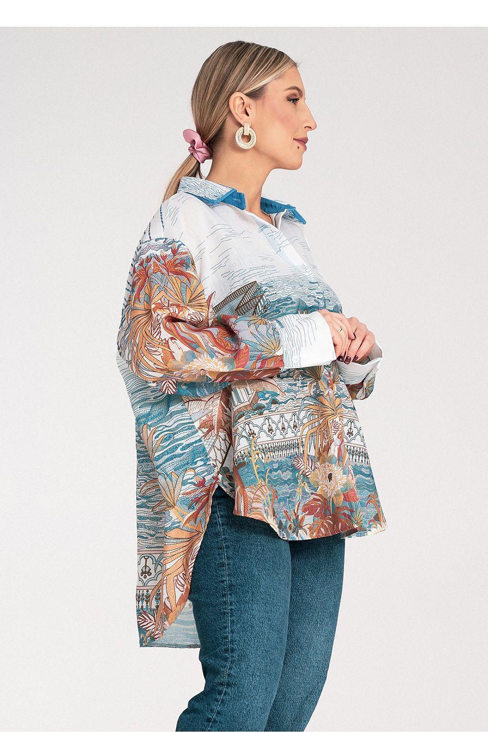 Long-sleeve shirt by Figl, light blue with colorful sleeve and front print