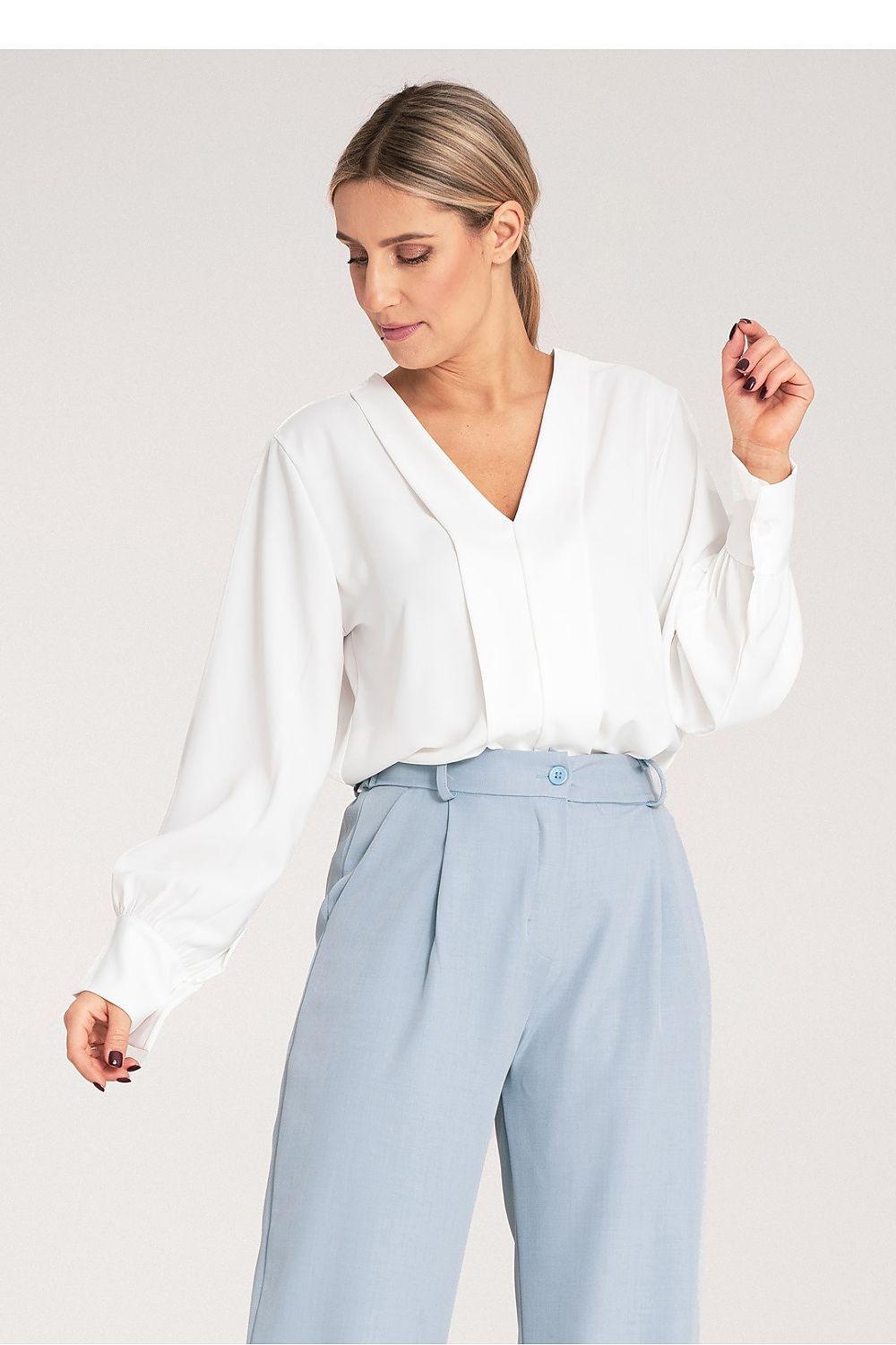 White satin V-neck blouse with long sleeves and draped front panel