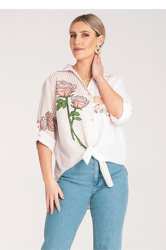 Figl striped shirt with pink rose print and white asymmetrical front tie