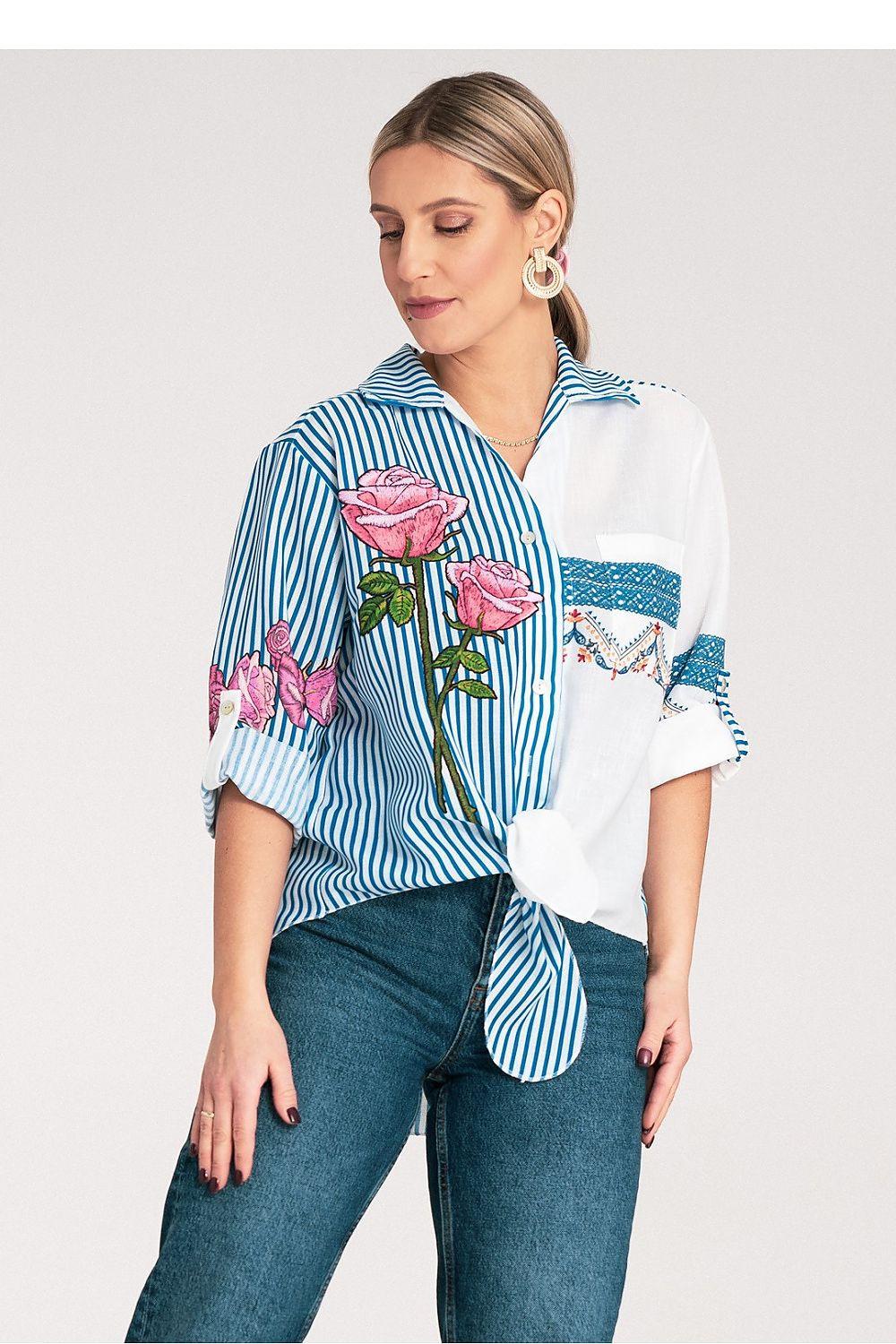 Figl blue striped shirt with pink rose print and white chest panel