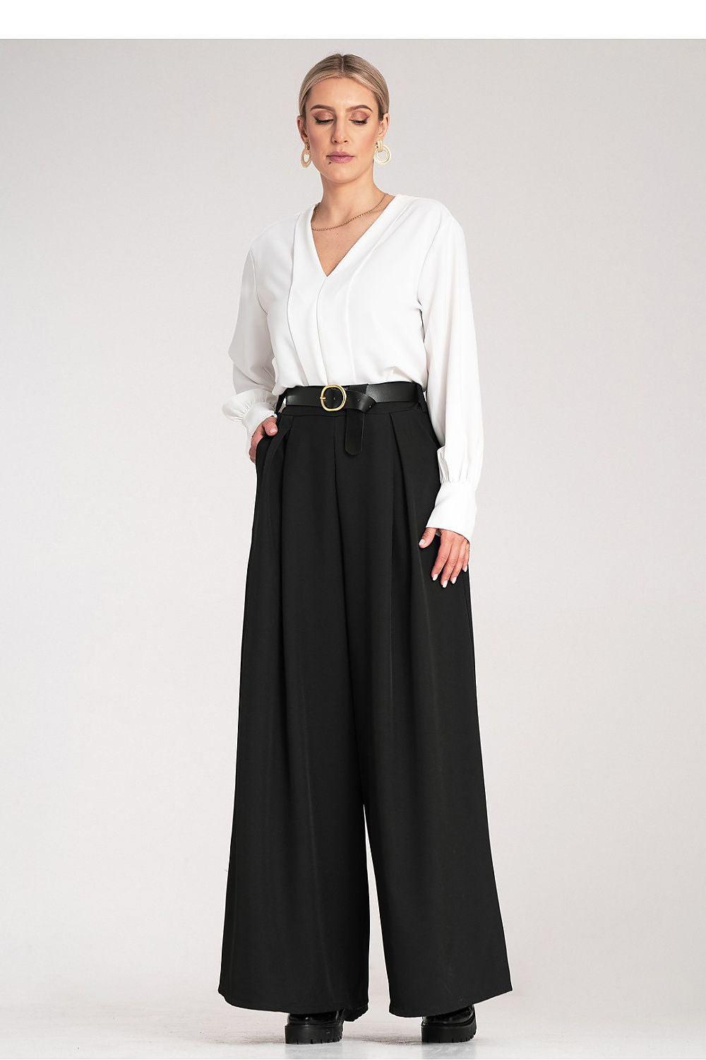 Figl women’s trousers in black, high waist with belt and wide legs.