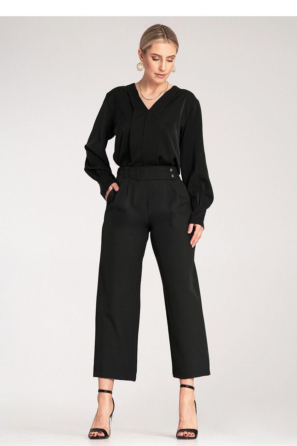 Women black wide-leg trousers with high waist and belt detail at the waistband