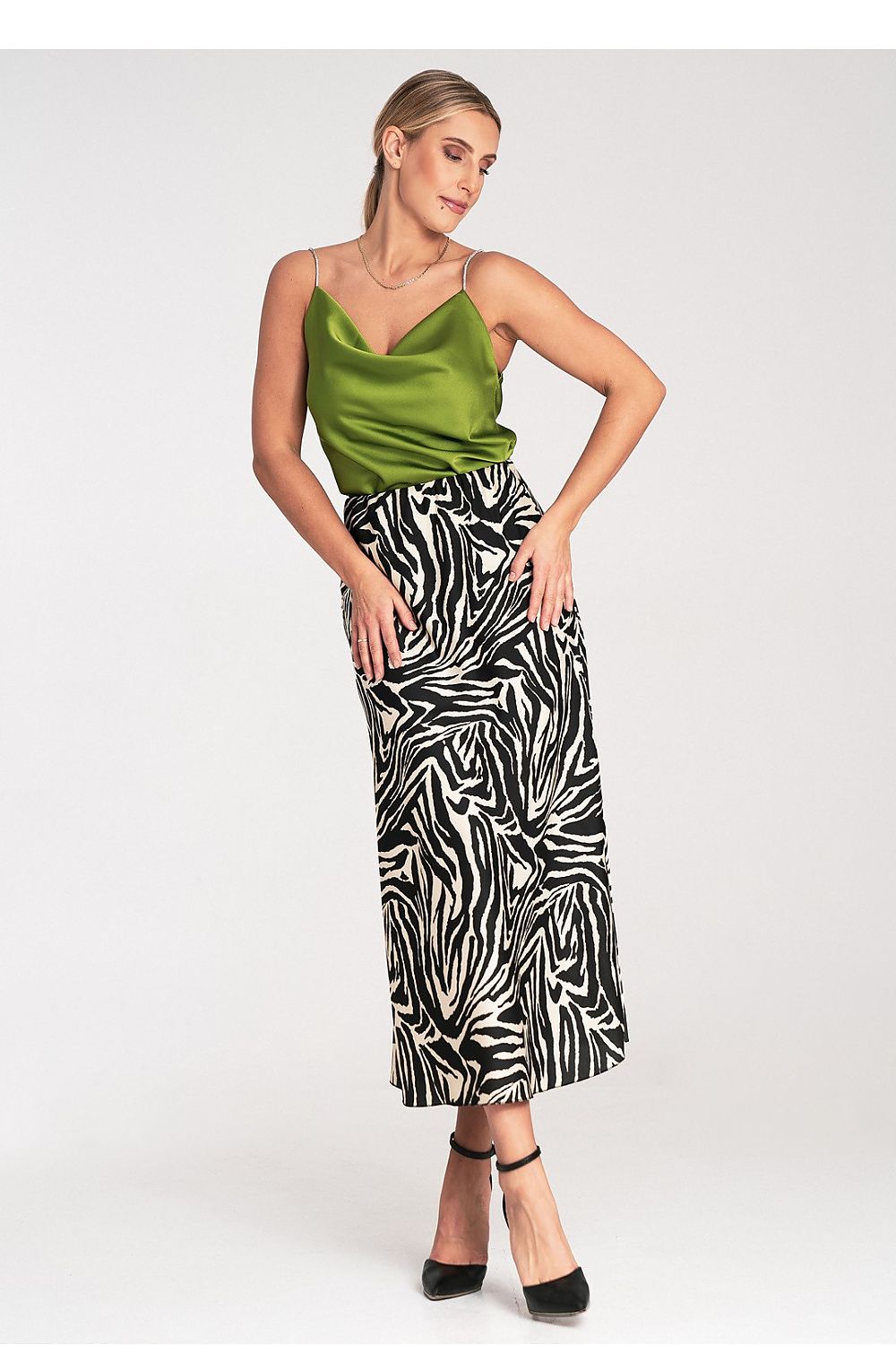Satin midi skirt with zebra print in black and white
