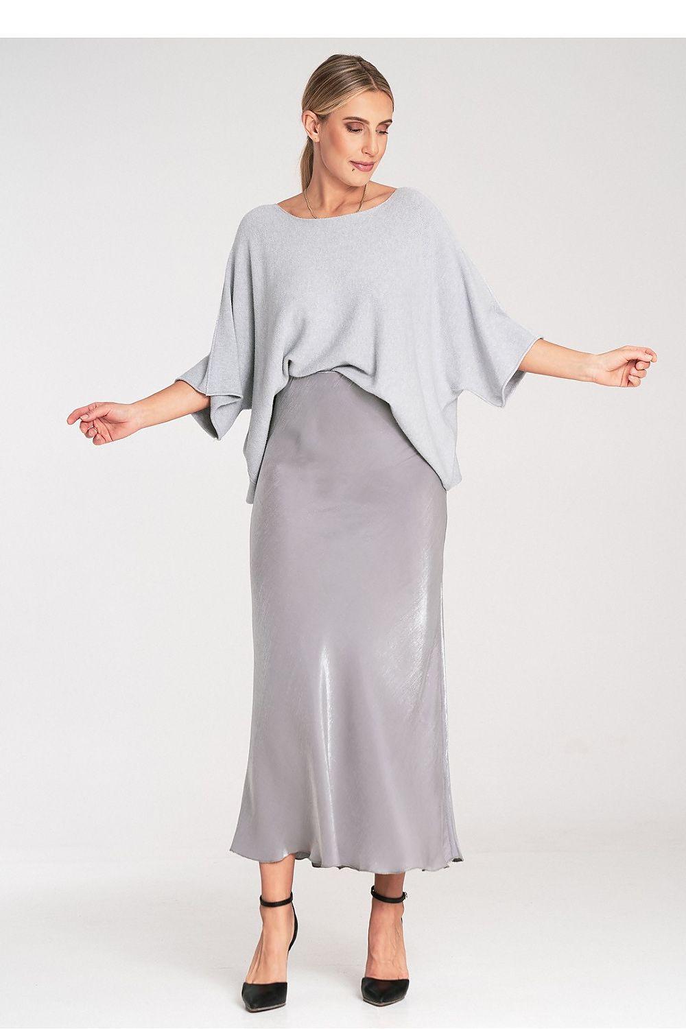 Grey satin maxi skirt with elastic waist and straight hem