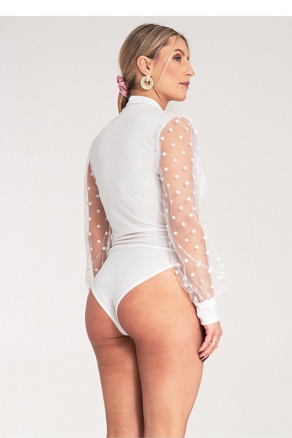 White shapewear bodysuit with sheer polka-dot sleeves, back view, smooth fit