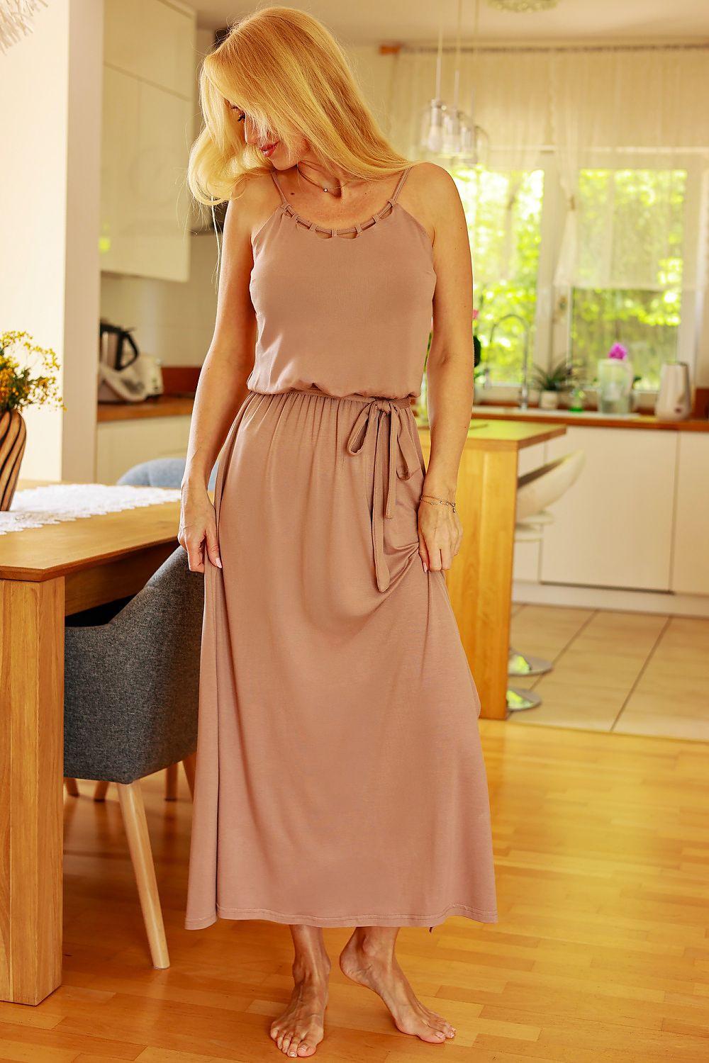 Mirale daydress in mauve, sleeveless with spaghetti straps and tie waist, midi length