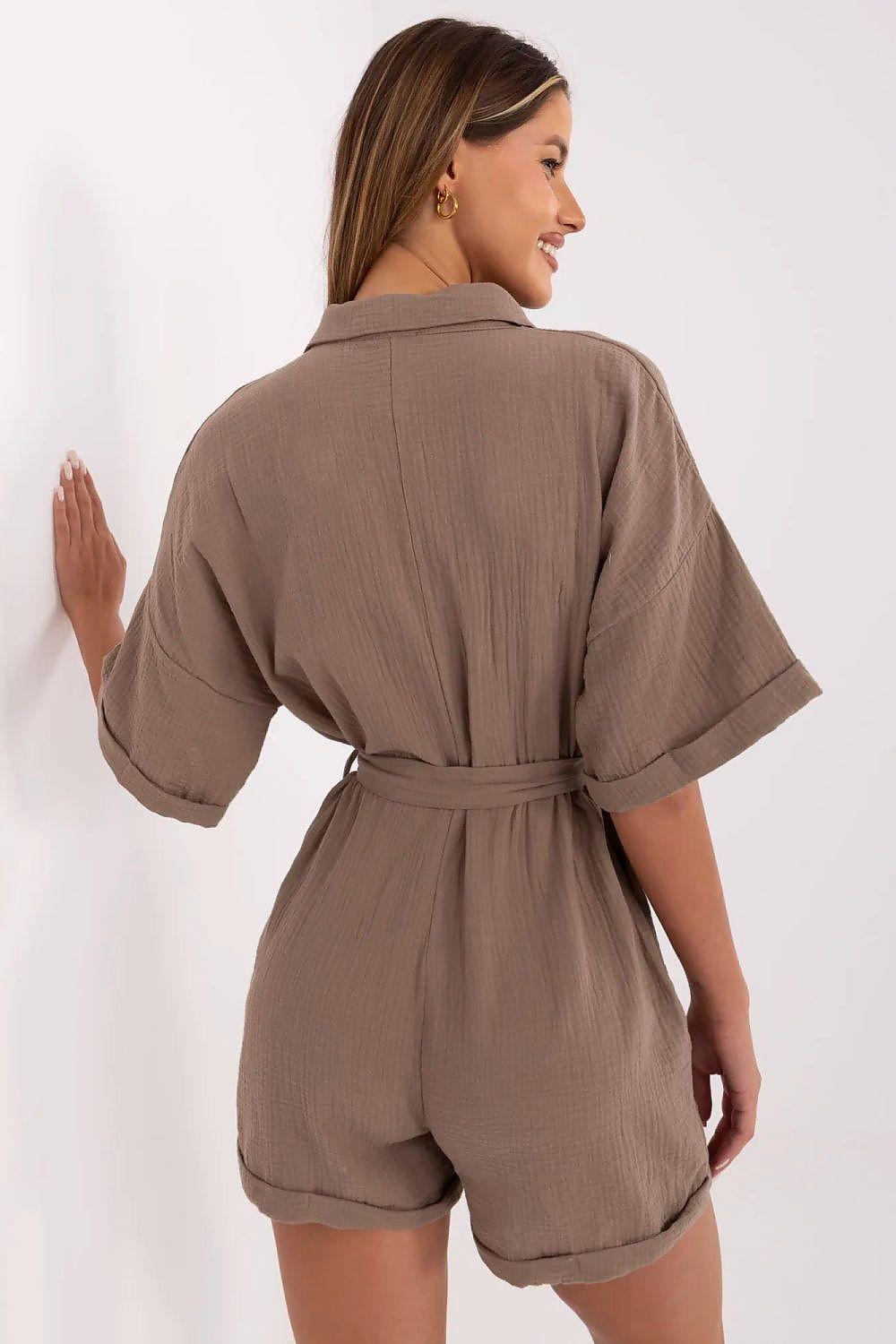 Muslin cotton playsuit with waist tie and pockets, taupe short-sleeve romper back