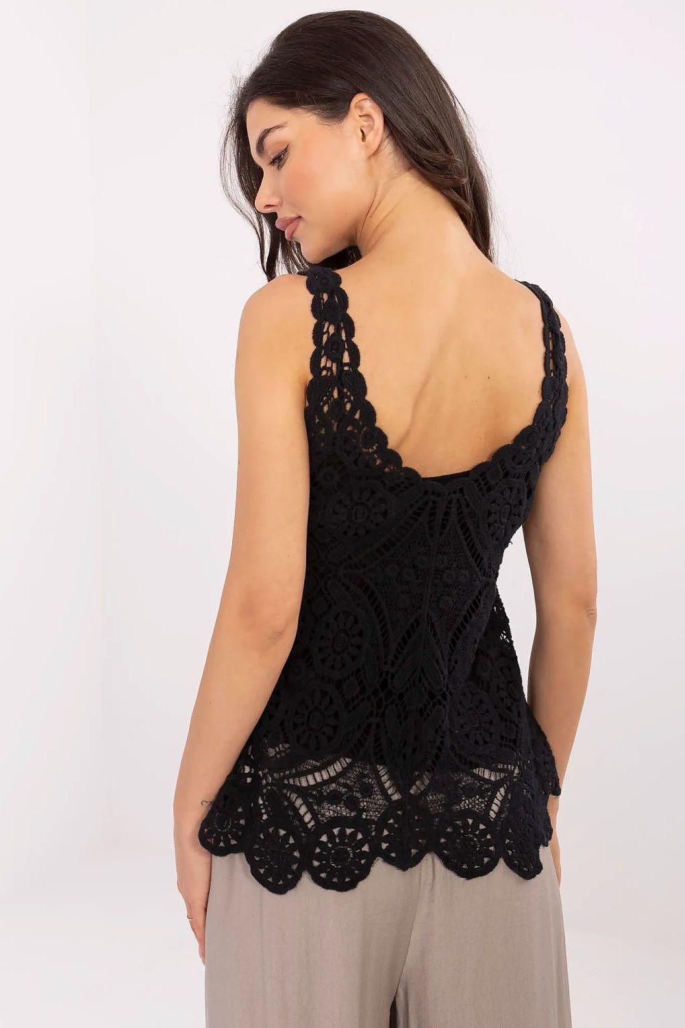 Black sleeveless lace blouse with open back and scalloped hem