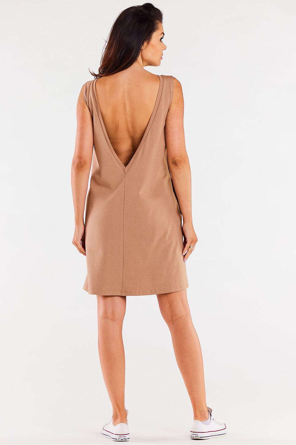 Backless beige sleeveless daydress with V-shaped open back and round front neckline
