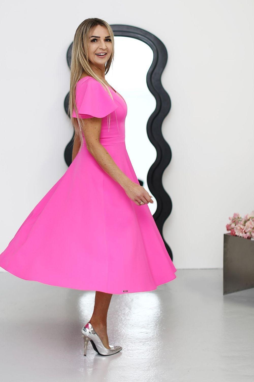 Pink cocktail dress with V-neck and short flutter sleeves, flared pleated midi skirt