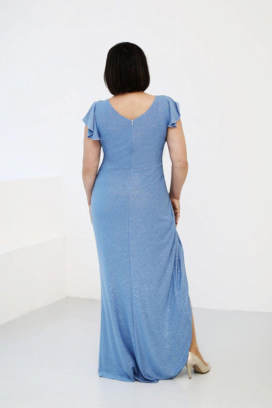 Blue long backless-style dress with ruffled sleeves, gathered waist, center back opening