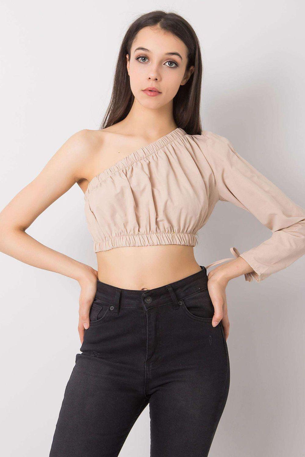 Beige one-shoulder cropped blouse with gathered neckline and long sleeve