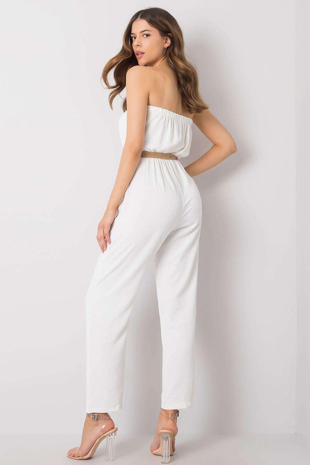 White sleeveless wide-leg jumpsuit with button front and braided belt, angled view