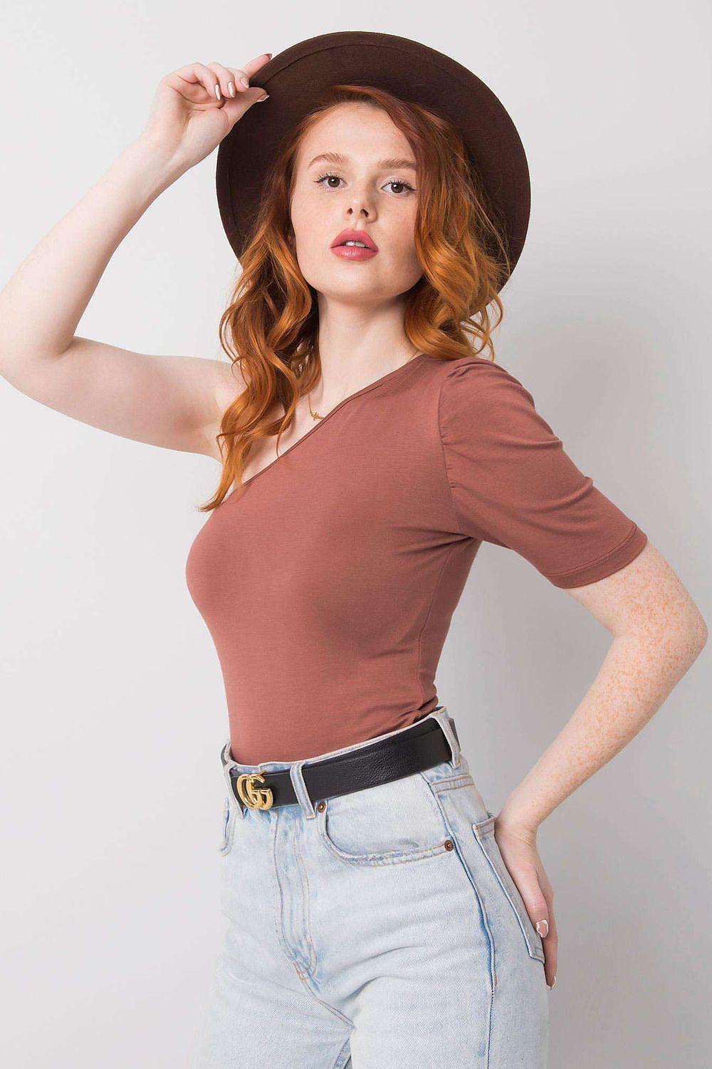 Asymmetric one-sleeve blouse, dark brown, fitted draped neckline