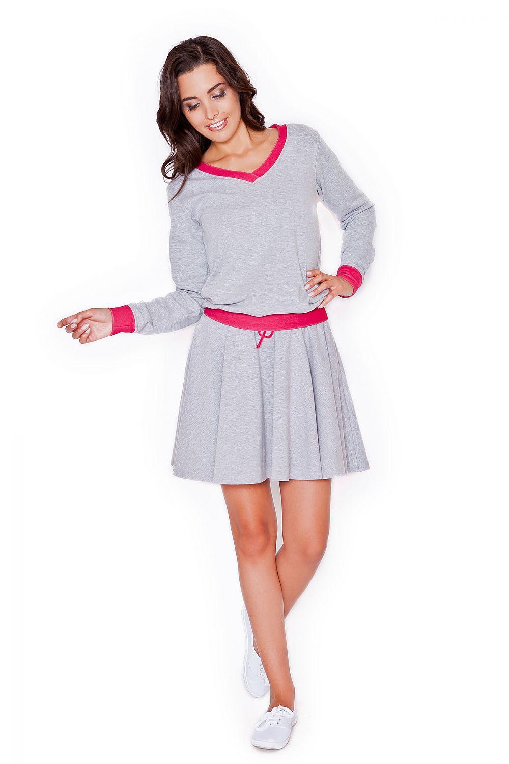 Gray flared skirt with gathered waist and pink drawstring