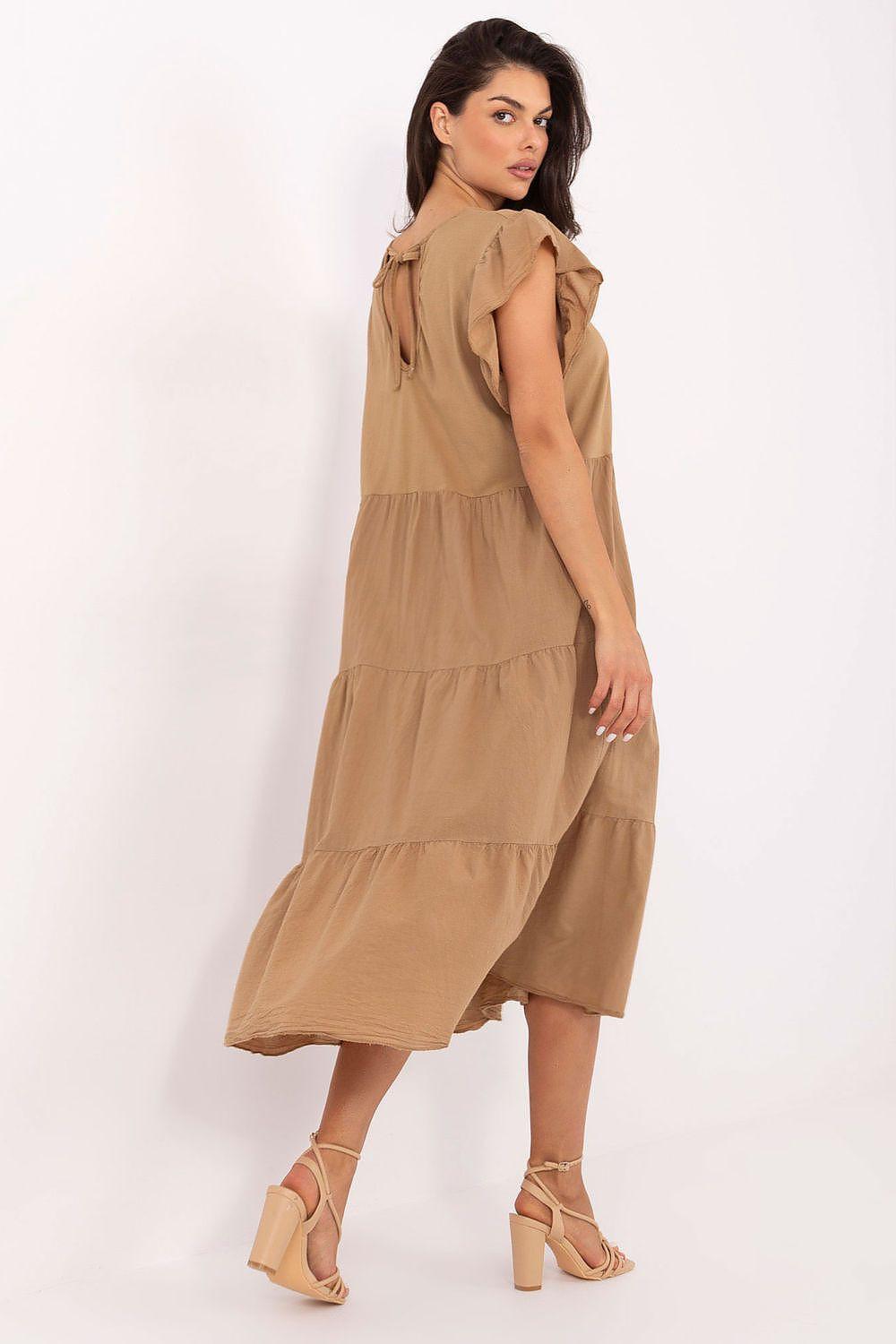 Brown tiered daydress with tied neckline and layered skirt