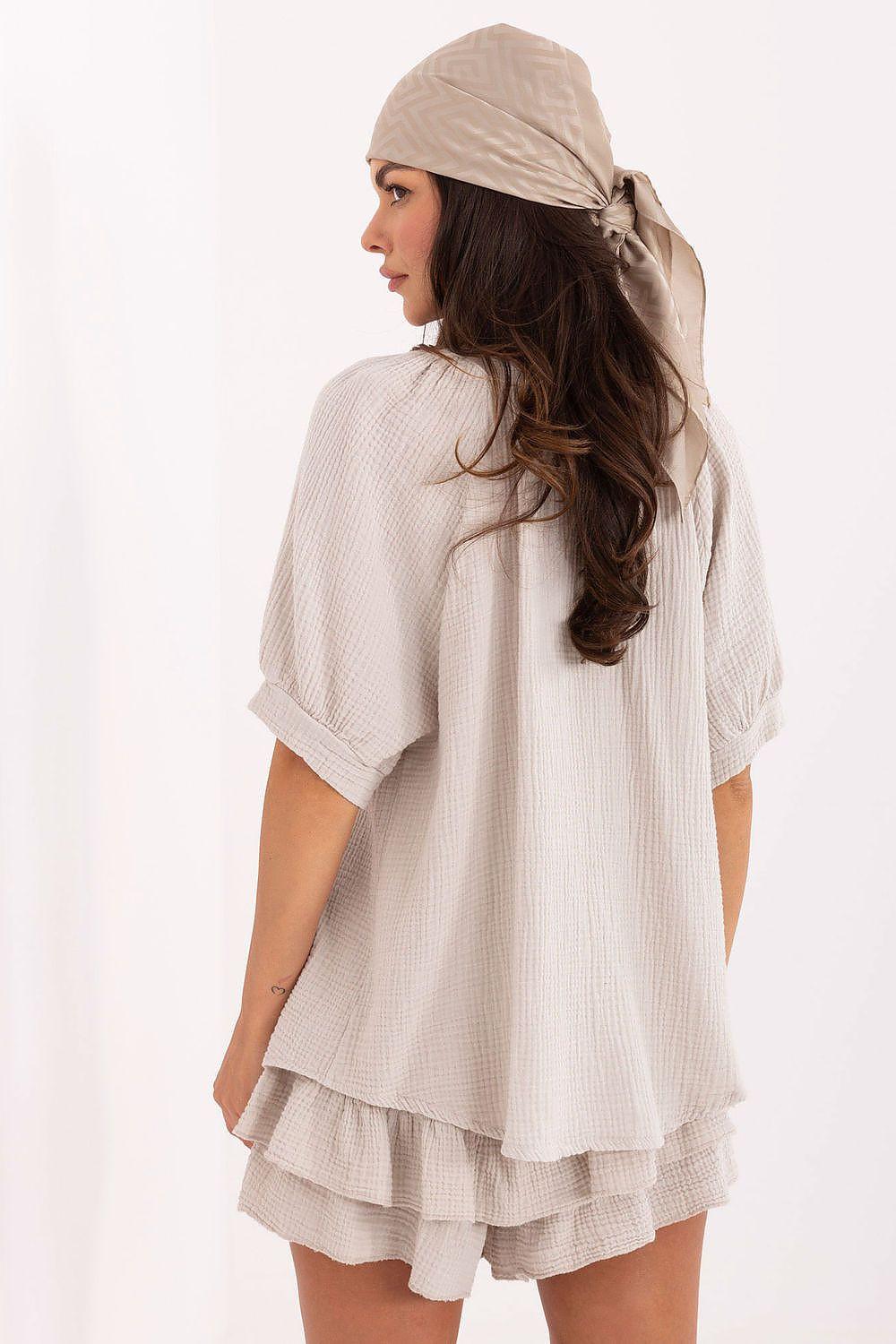 Och Bella model 215525 set, beige: short-sleeve blouse with tiered hem, tiered skirt, headscarf