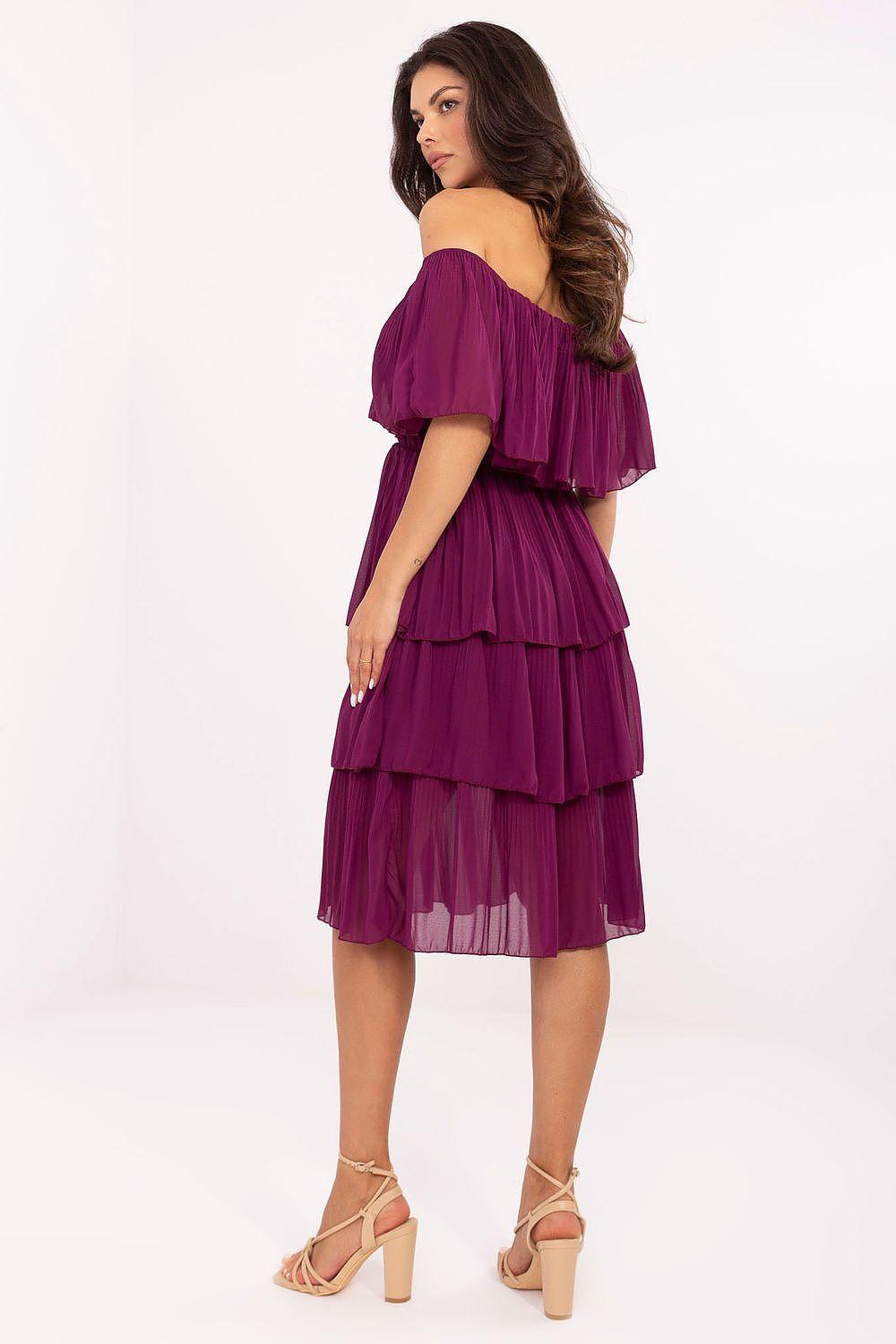 Violet tiered off-shoulder cocktail dress with layered ruffles and short sleeves