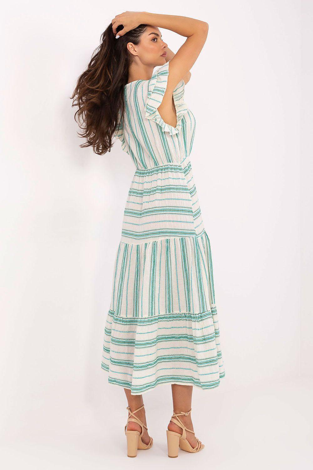 Green striped daydress with V-neck, ruffled sleeves, and tiered back detail