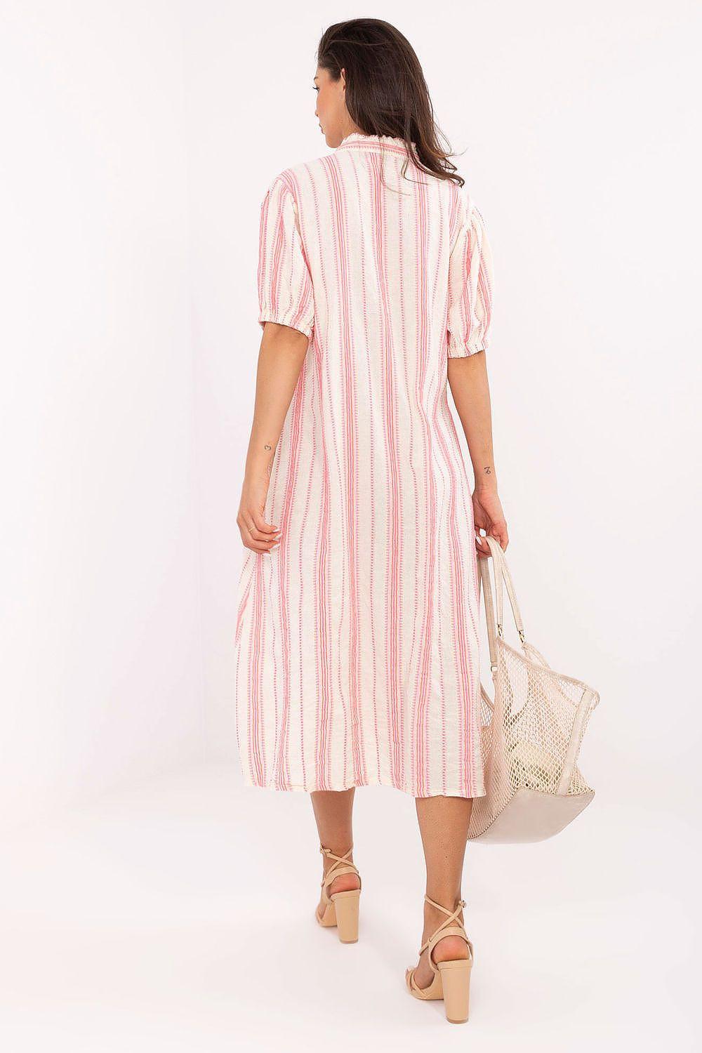 Pink-and-white striped daydress with V-neck and short sleeves, back view