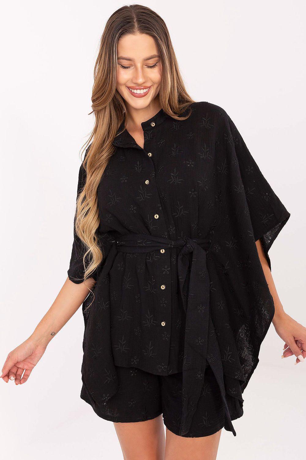 Black muslin cotton shirt and shorts set with button front and drawstring waist