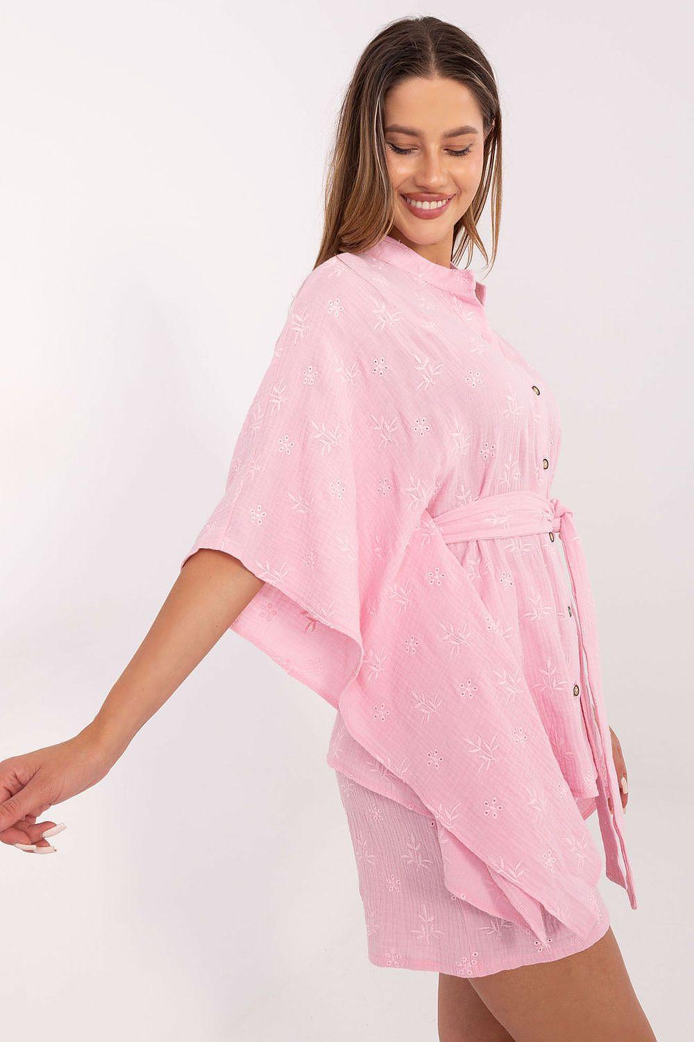 Lakerta model 215795 set, pink ruffled button blouse and matching shorts