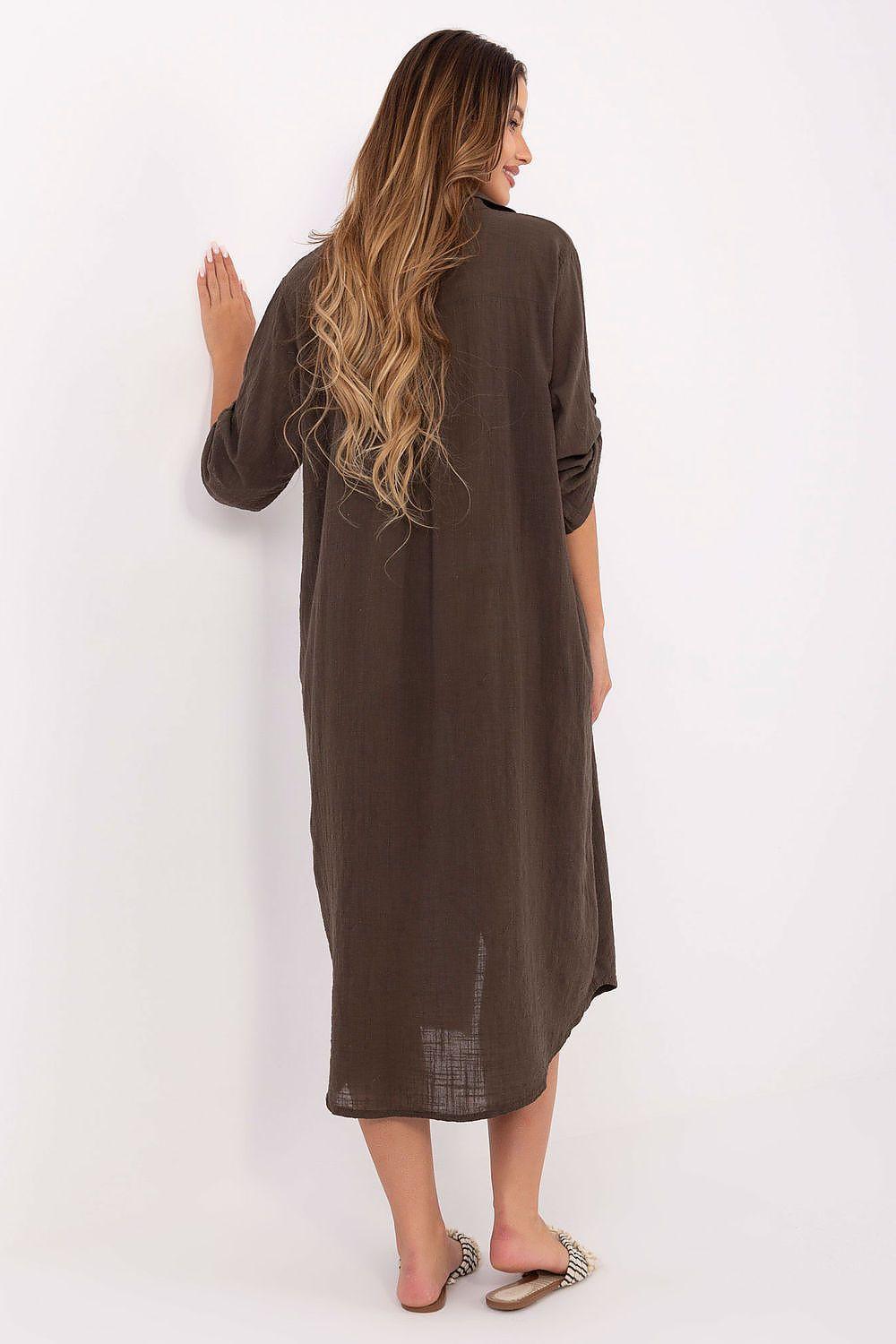 Brown cotton oversized shirt midi dress back view with loose fit and 3/4 sleeves