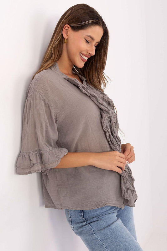 Boho cotton shirt, taupe, 3/4 ruffle sleeves and buttoned ruffle trim