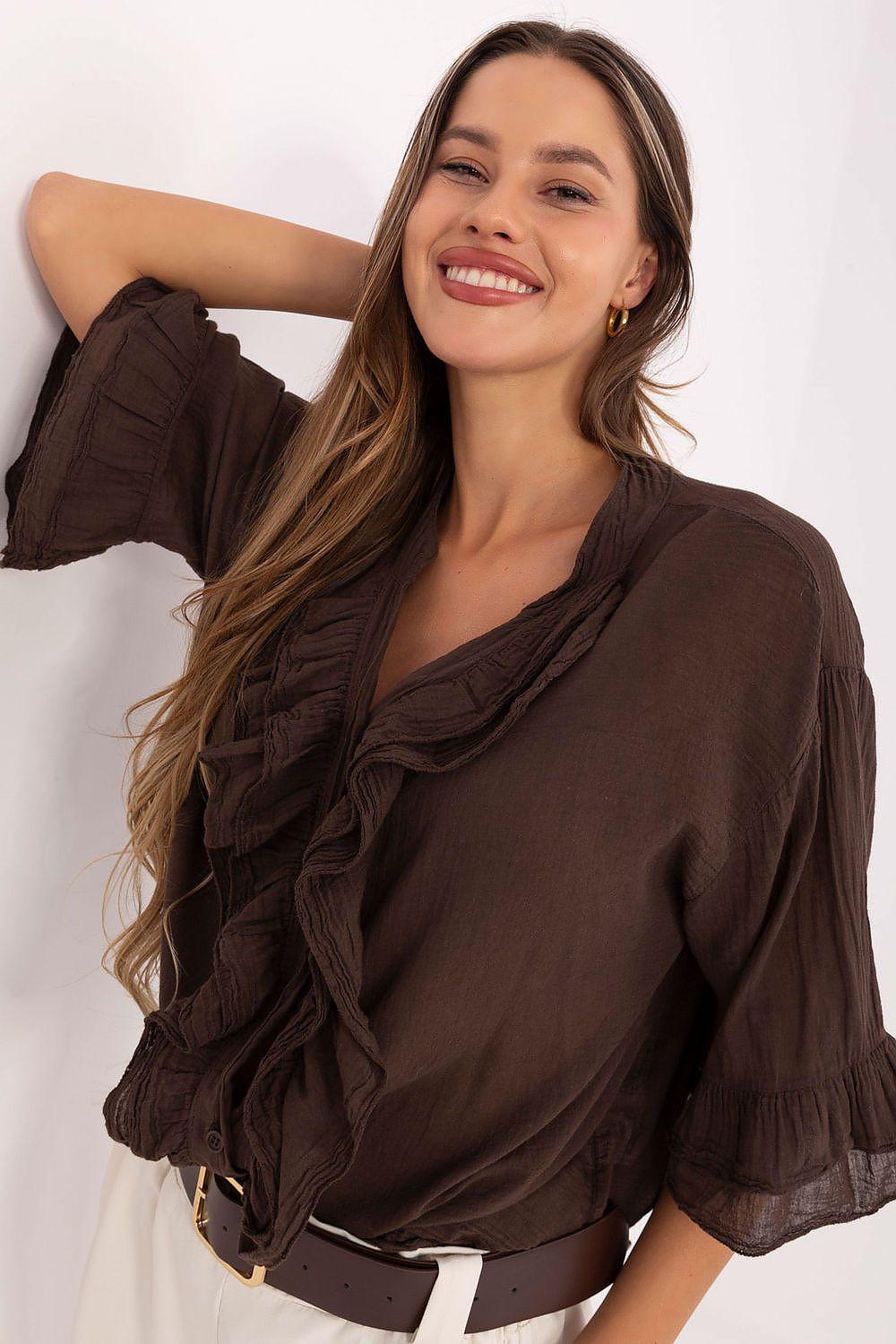 Italy Moda shirt, dark brown V-neck ruffle front with elastic cuff sleeves
