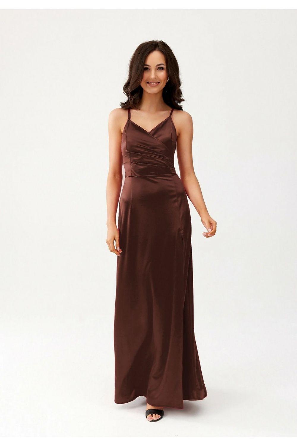 Long satin dress with V-neck spaghetti straps, ruched detailing, dark brown