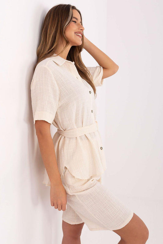 Beige shirt and shorts set, short sleeves, button placket, belted waist