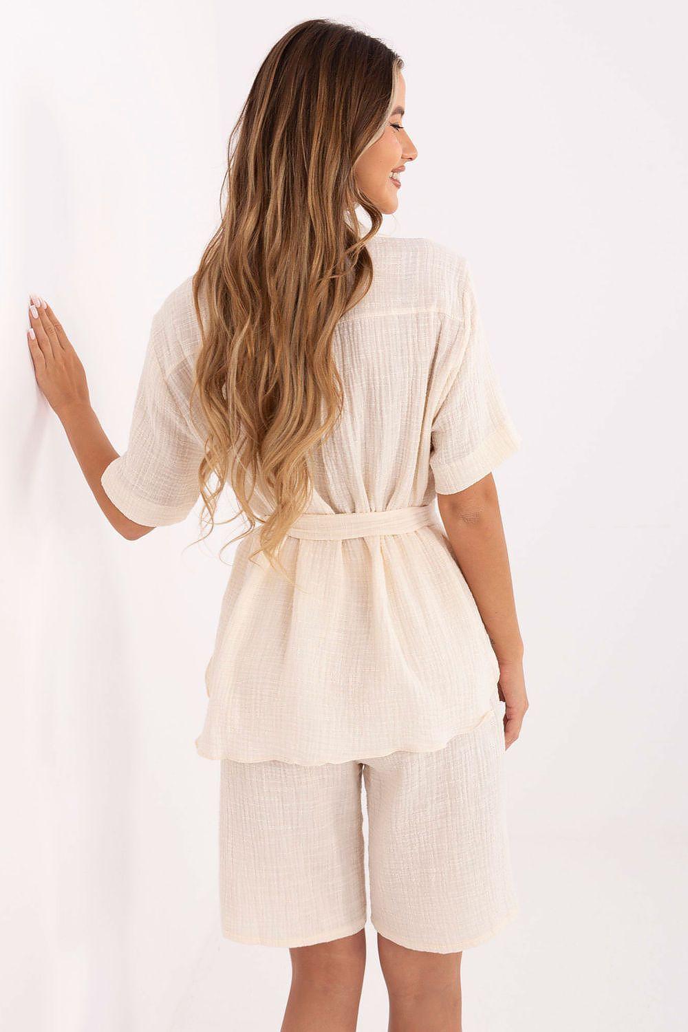 Beige button-back shirt and matching shorts set with belted waist