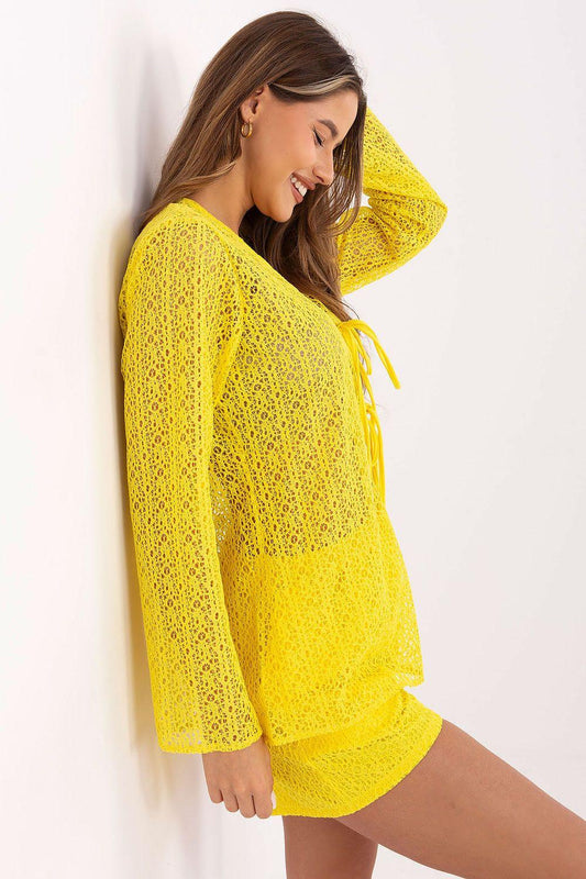 Lace shirt and shorts set in vibrant yellow, V-neck drawstring tie, side view.