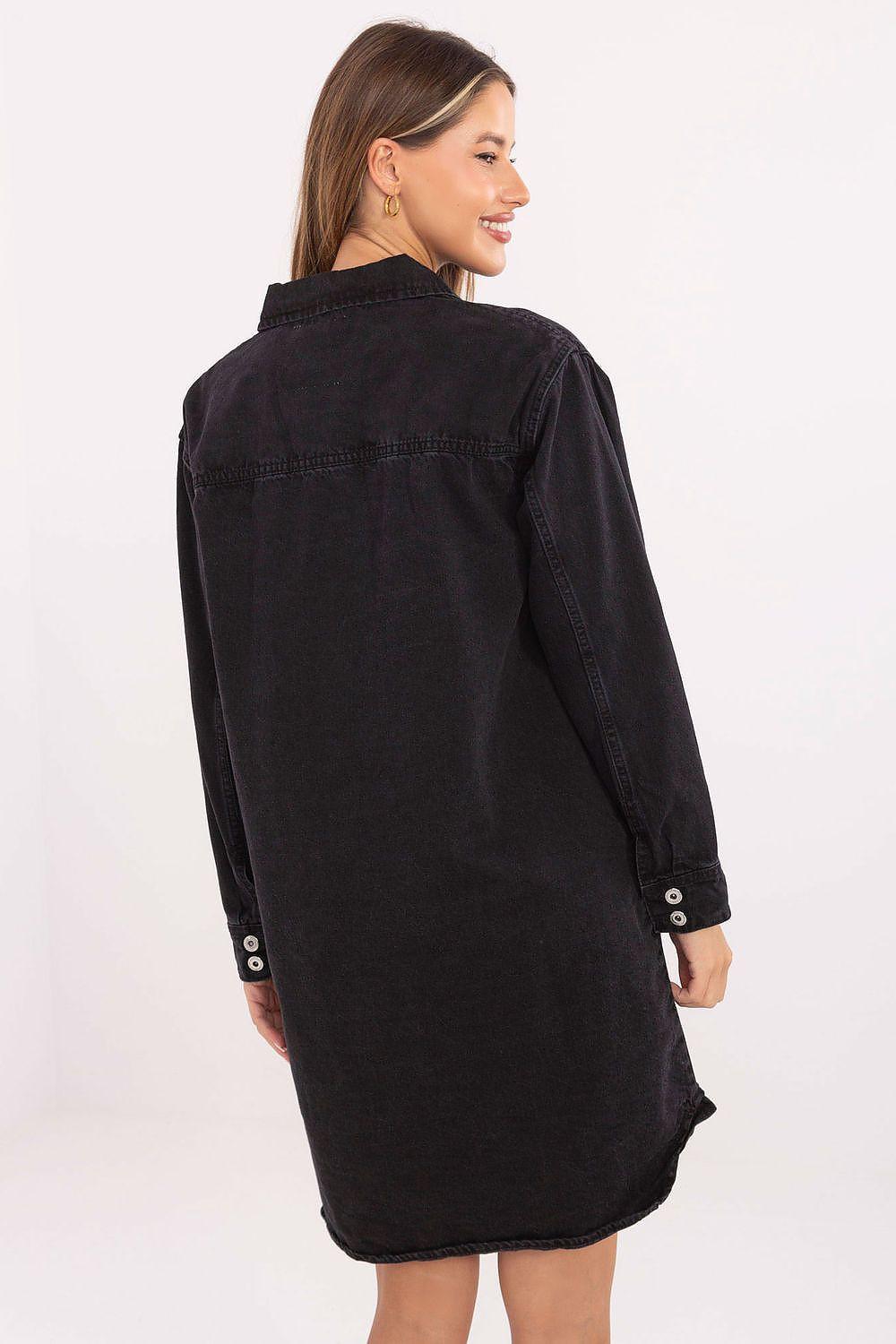Black denim daydress back view with long sleeves and button details