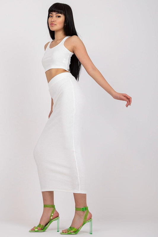 White tank crop top and high-waisted midi skirt, two-piece set