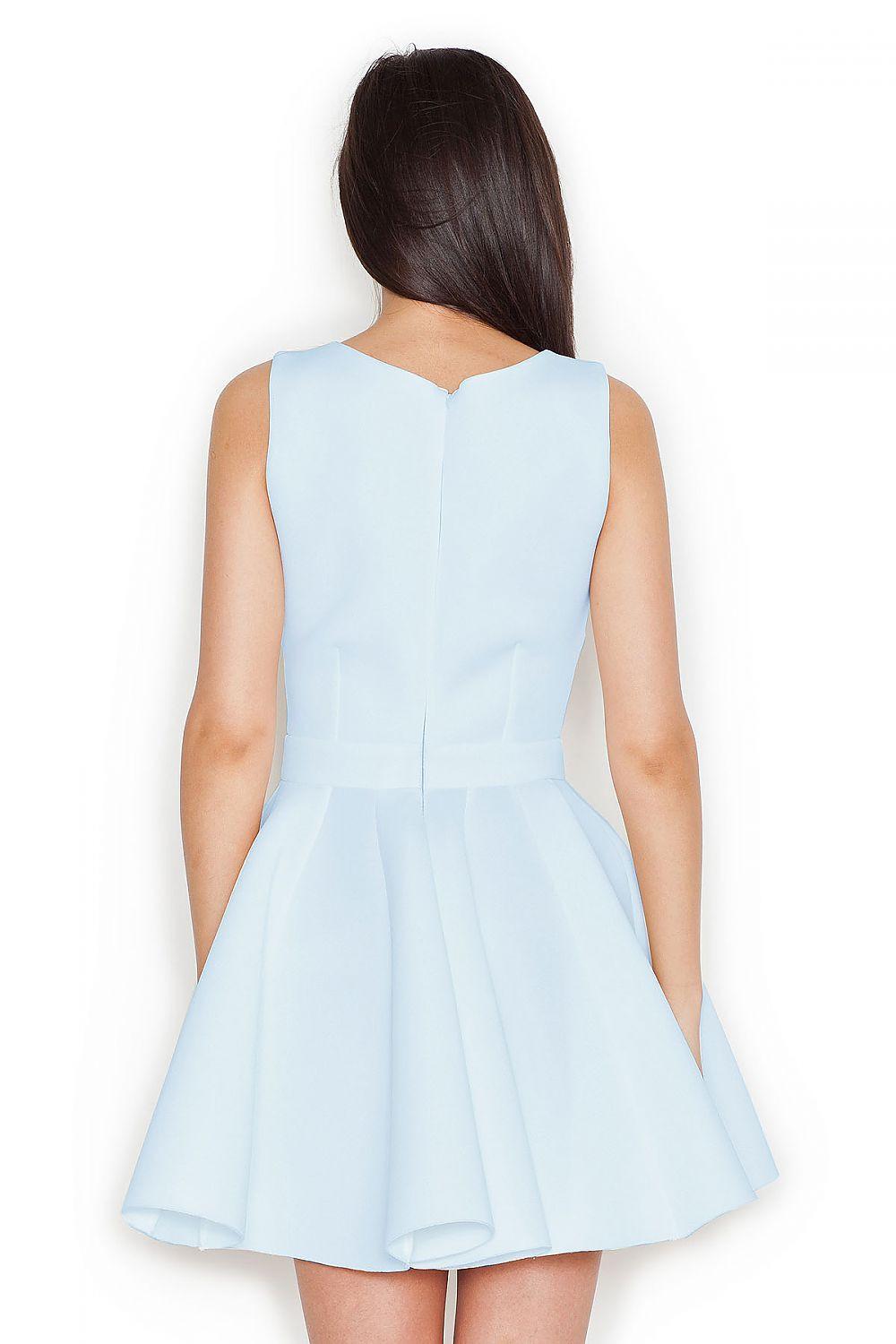 Katrus light blue daydress, back view, sleeveless A-line with pleated skirt