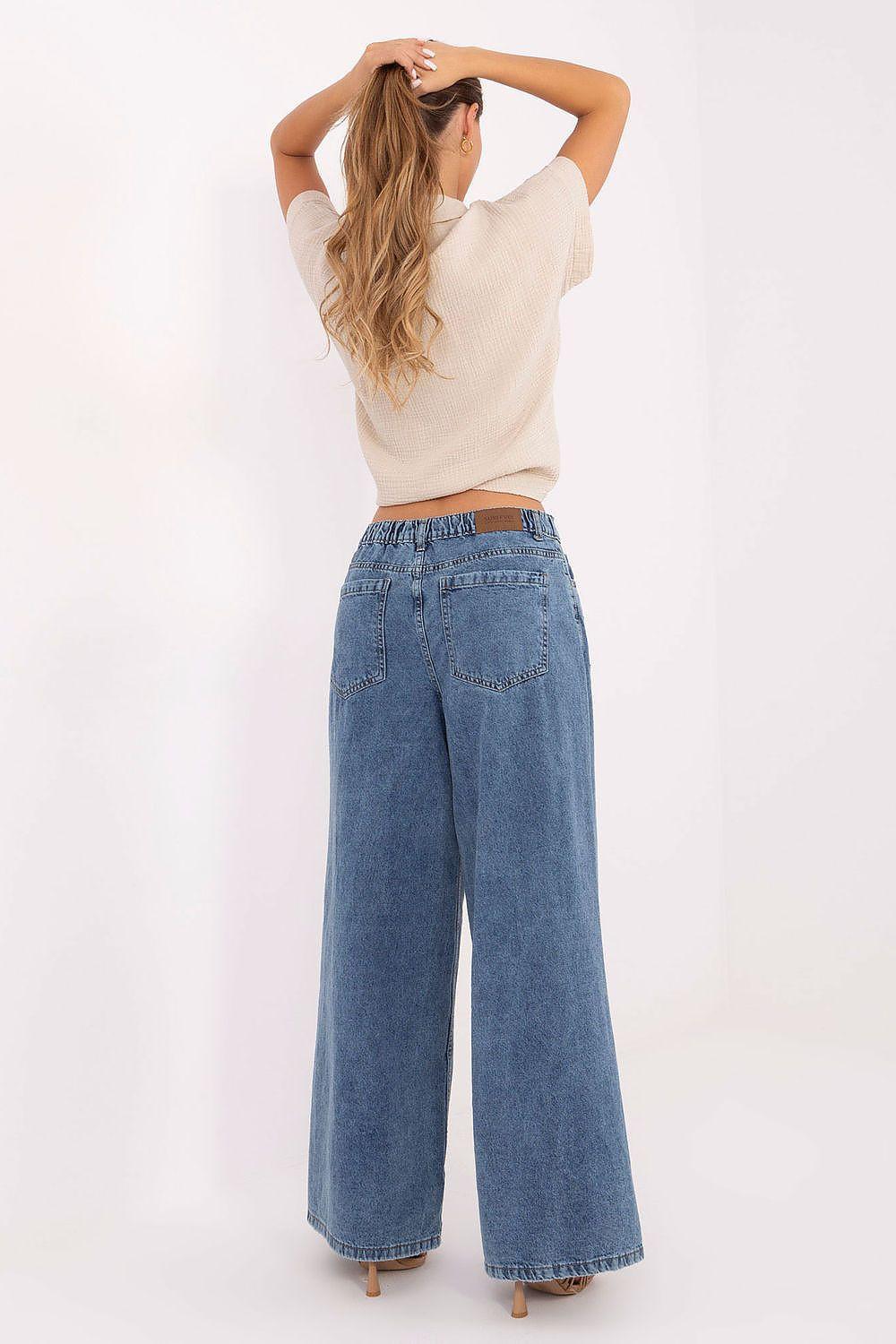 Blue wide-leg jeans with high waist, back view