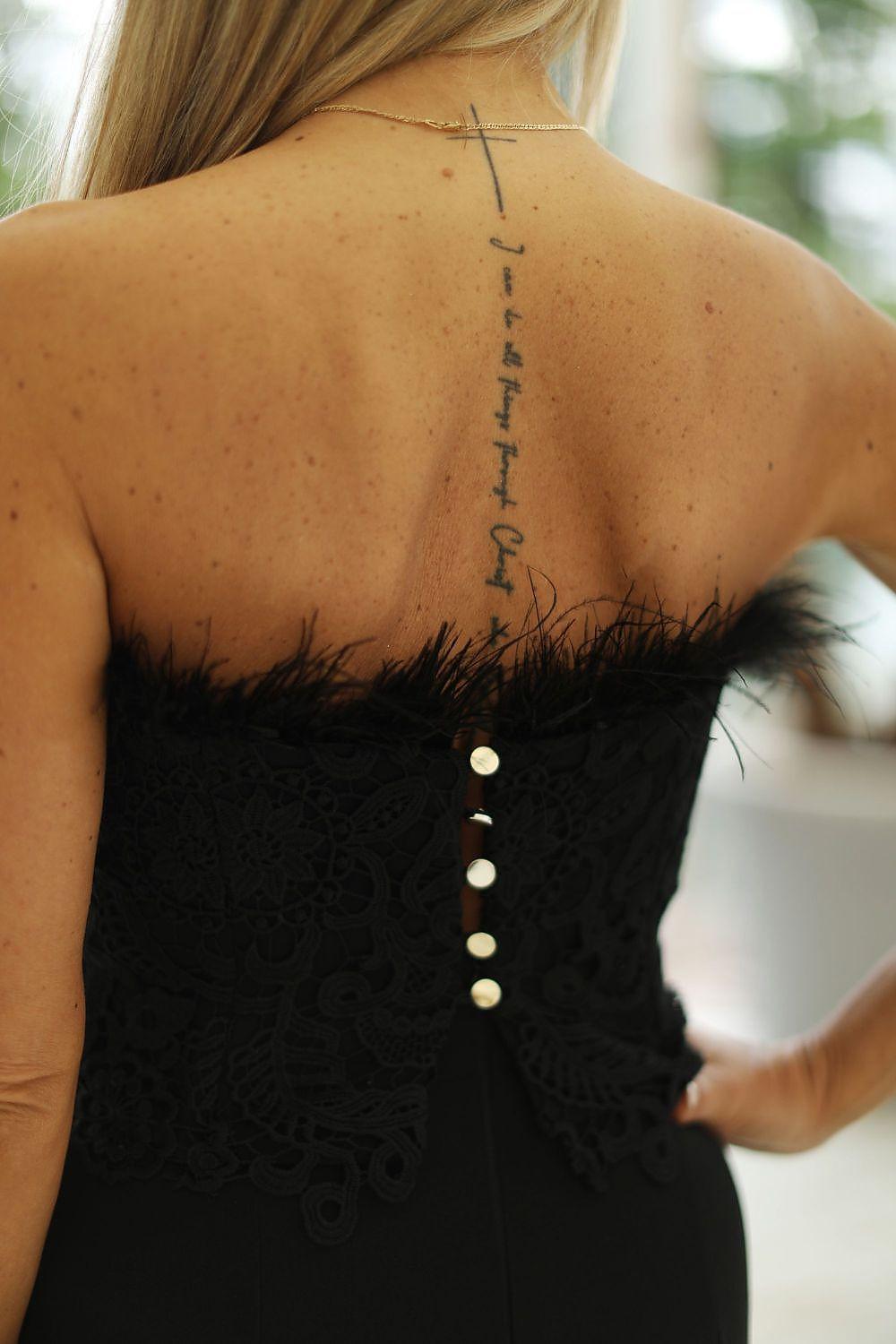 Black lace camisole top back with button closure and feather trim