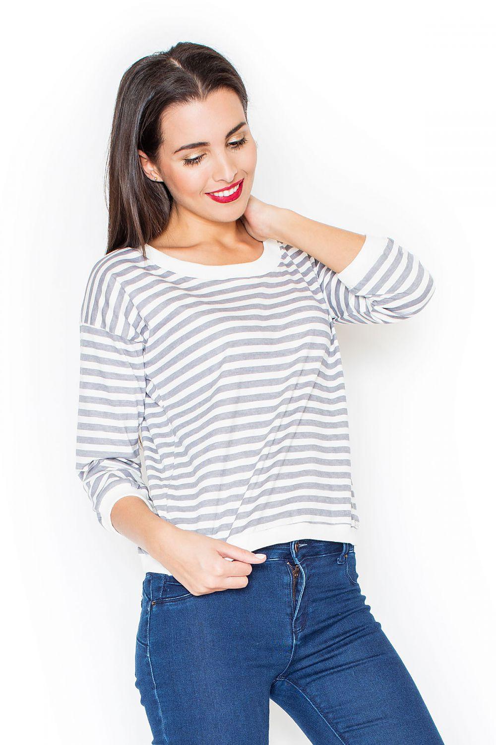 Grey striped cotton blouse with long sleeves and crew neck
