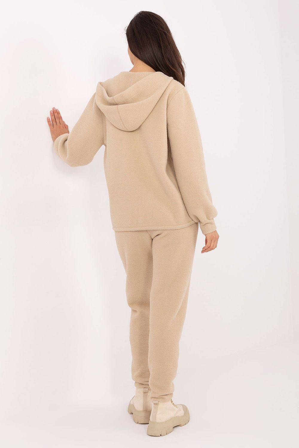 Beige two-piece tracksuit set with hooded zip hoodie and joggers, back view