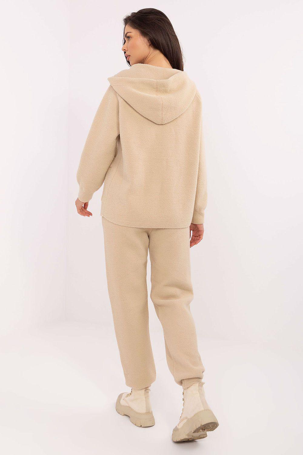 Beige zip-up hoodie and matching jogger pants set with hood and drawstring