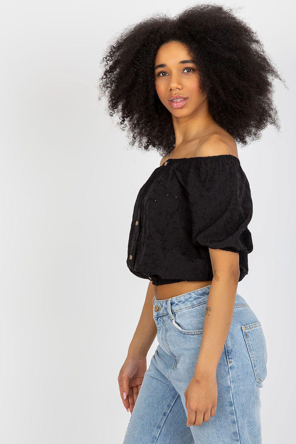 Off-shoulder black blouse with short puff sleeves and buttoned front