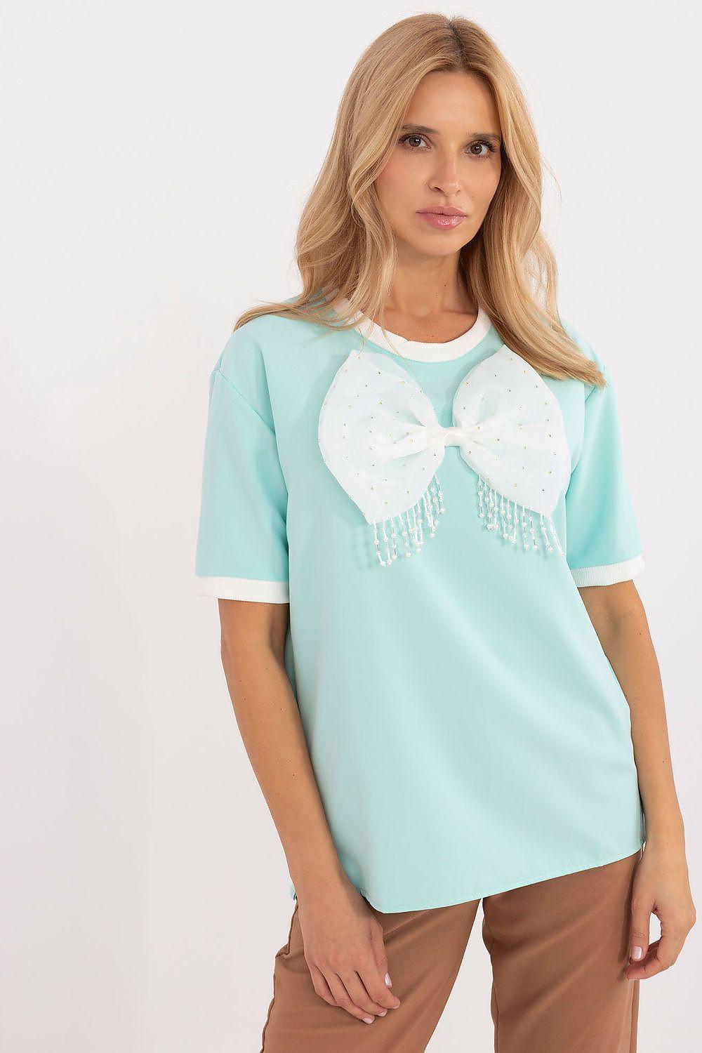 Light aqua blouse with oversized bow and stud embellishment, short sleeves