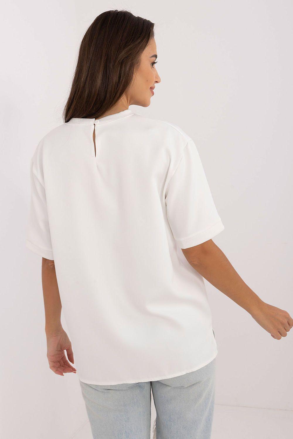 Back-view white short-sleeve blouse with keyhole neck opening
