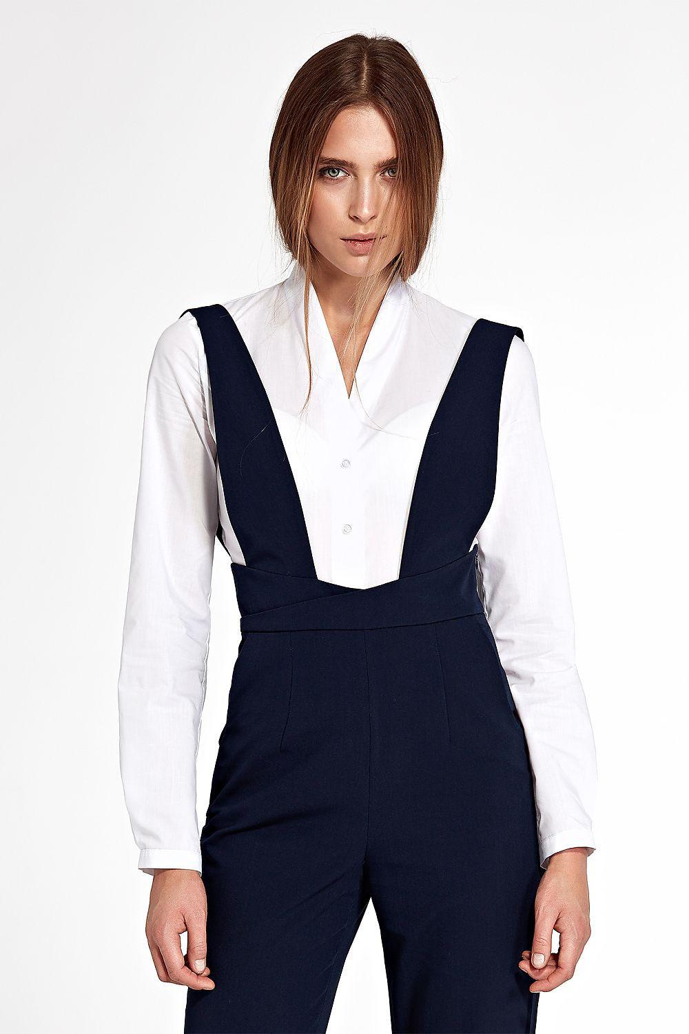 Navy shapewear bodysuit with long sleeves, V-neck, suspender-style strap overlay