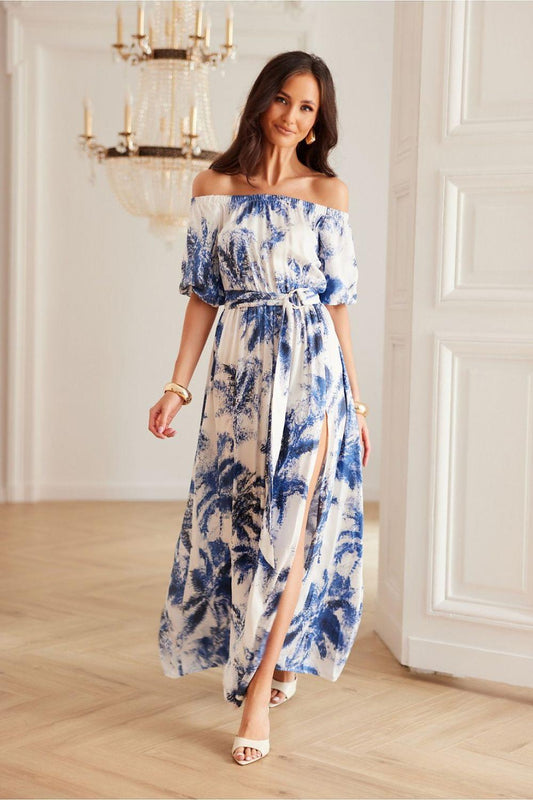 Off-shoulder daydress with blue tie-dye print, elastic neckline, gathered skirt.