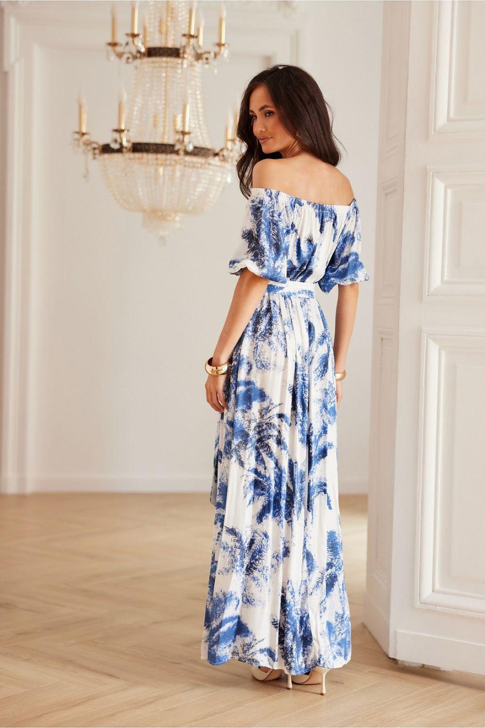 Off-shoulder maxi daydress with blue-and-white tie-dye print and ruffled sleeves, gathered waist